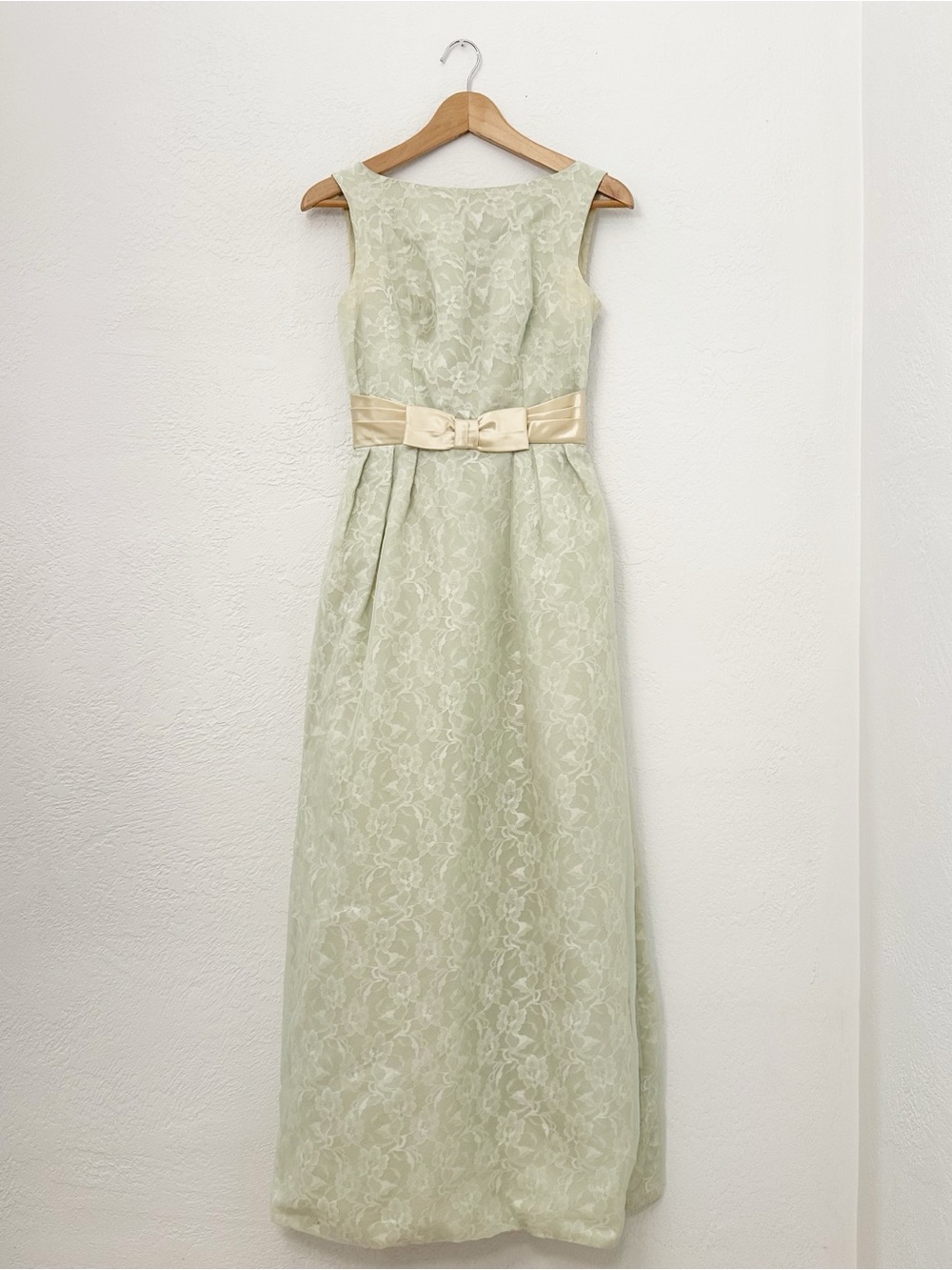 Vintage 50s 60s Chiffon Over Lace Formal Maxi Dress Mint Green w/ Champagne Bow